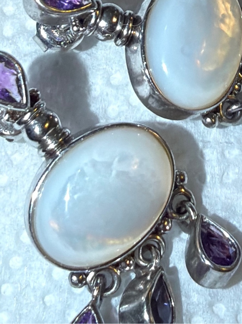 Sterling Silver White Moonstone and Purple Amethyst Drop Earrings - Picture 2 of 3